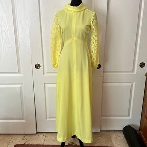 VTG 60s 70s BRIGHT YELLOW MODEST MAXI DRESS LACE SLEEVES PROM GOWN